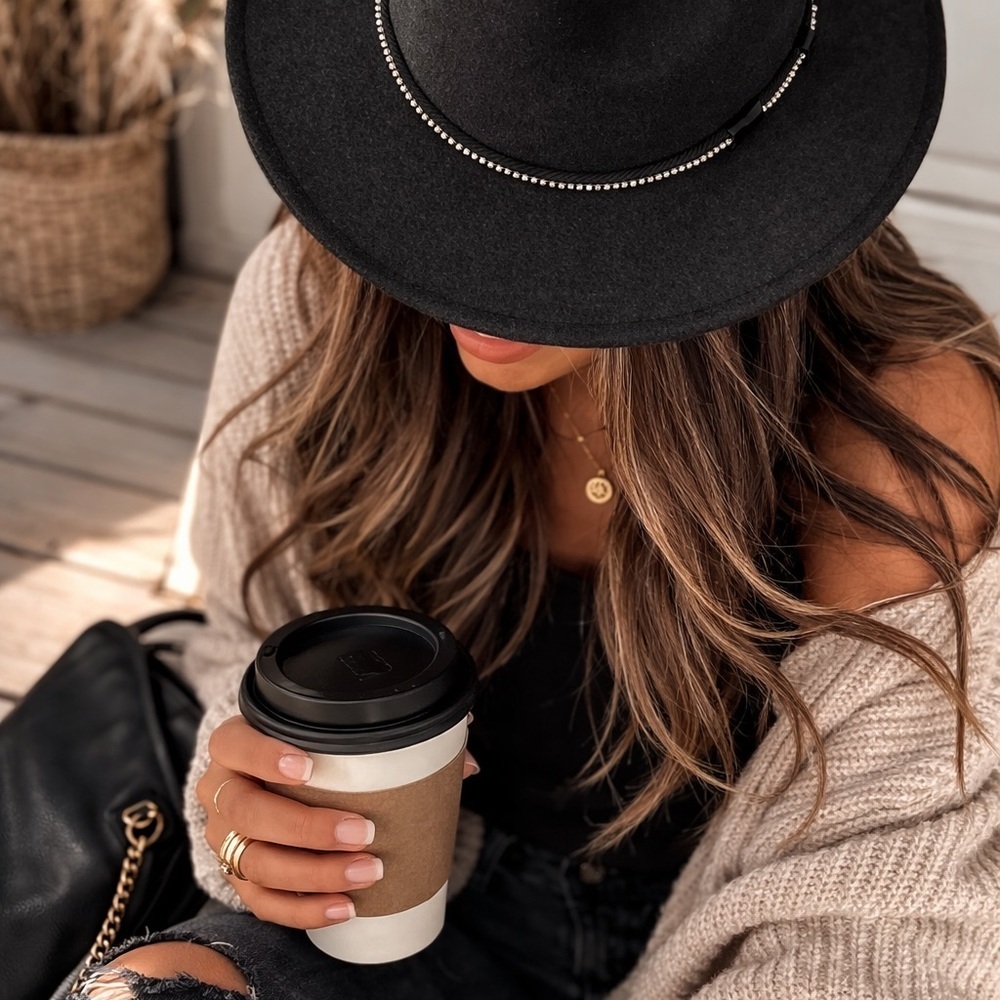 Black Wide Brim Fedora Hat Rhinestone Trim Adjustable Boho Western Chic- New